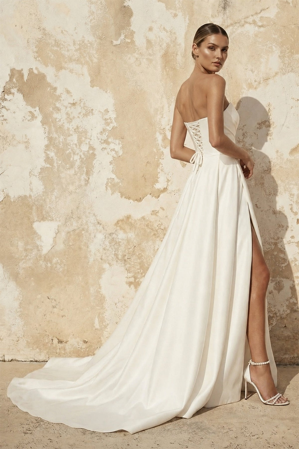 A-Line White Sleeveless Satin Wedding Dress With Side Slit - Curvevia