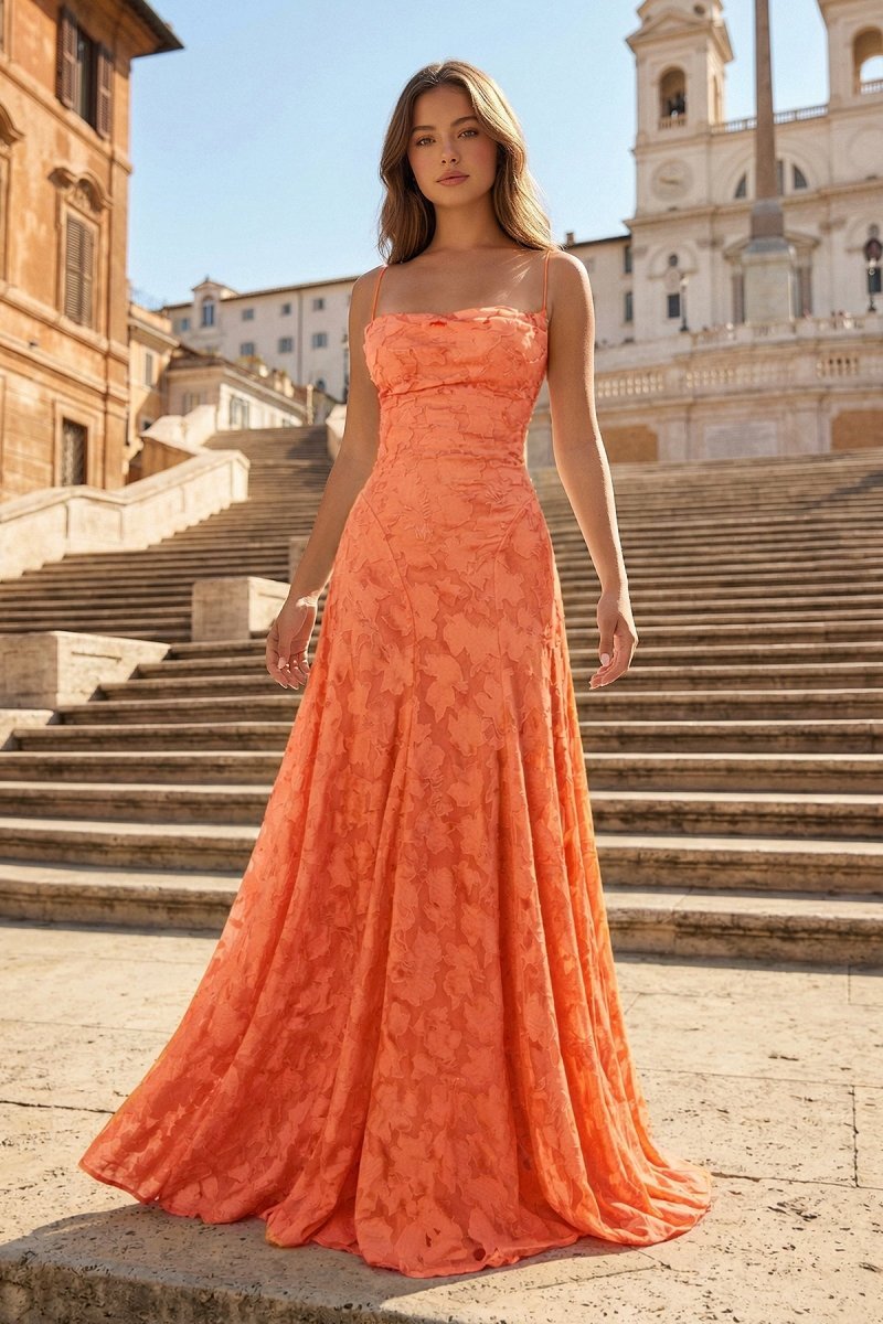 Pink A-Line Lace Floral Spaghetti Straps Long Prom Dresses - Curvevia