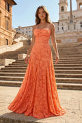 Pink A-Line Lace Floral Spaghetti Straps Long Prom Dresses - Curvevia