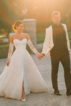 Vintage A-Line Sweetheart White Lace Wedding Dresses with Slit - Curvevia
