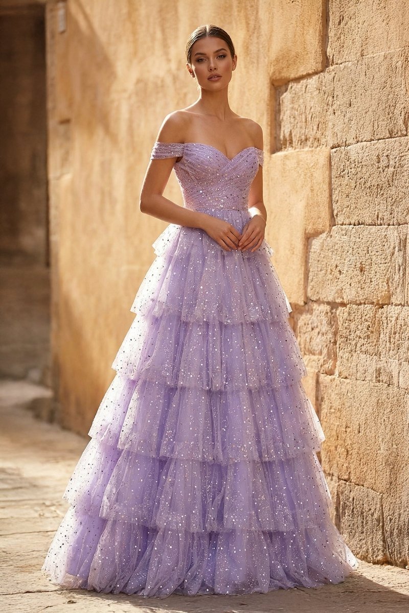 A-Line Off the Shoulder Ruffle Tiered Tulle Long Prom Dress - Curvevia