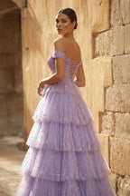A-Line Off the Shoulder Ruffle Tiered Tulle Long Prom Dress - Curvevia