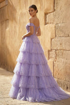 A-Line Off the Shoulder Ruffle Tiered Tulle Long Prom Dress - Curvevia