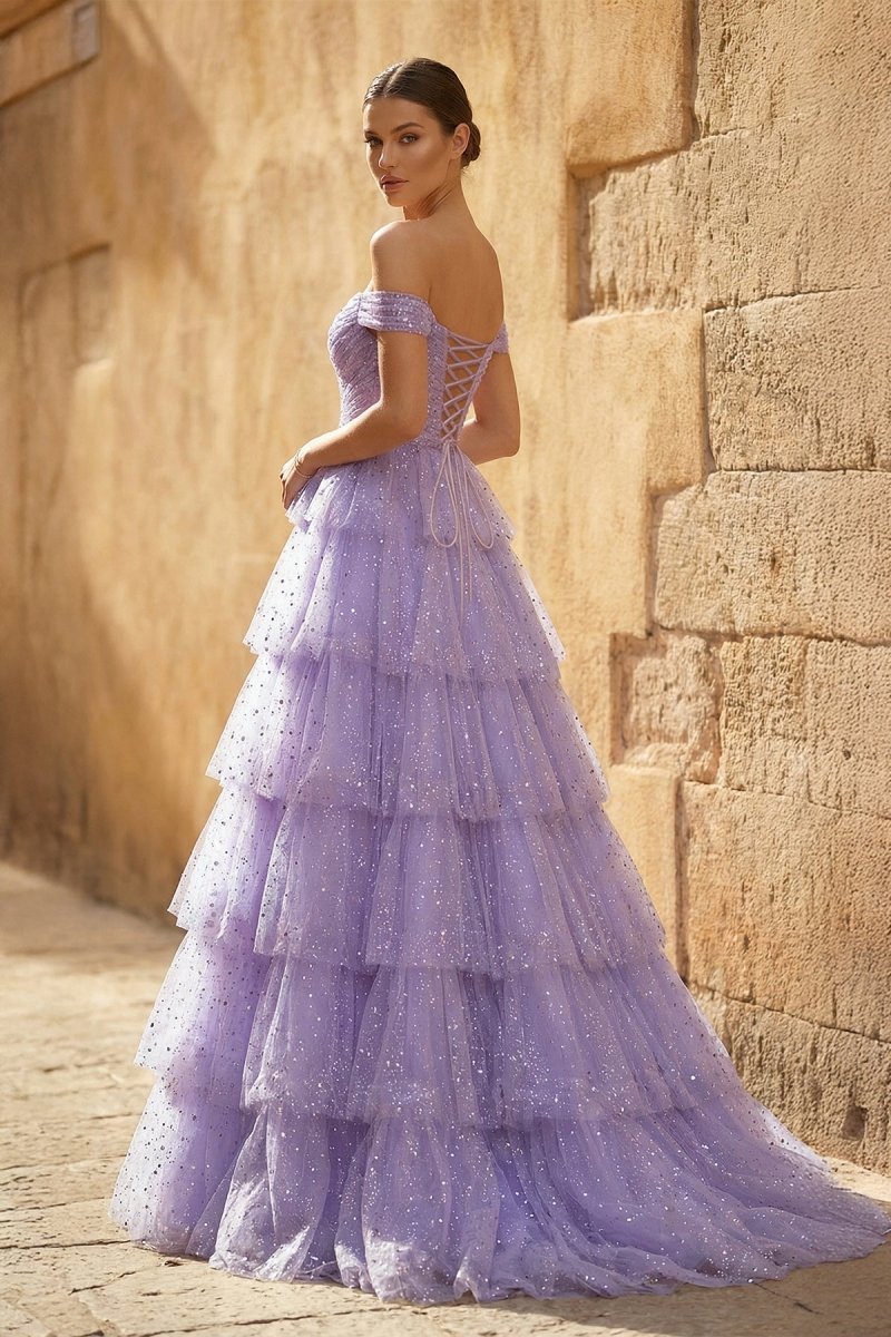A-Line Off the Shoulder Ruffle Tiered Tulle Long Prom Dress - Curvevia