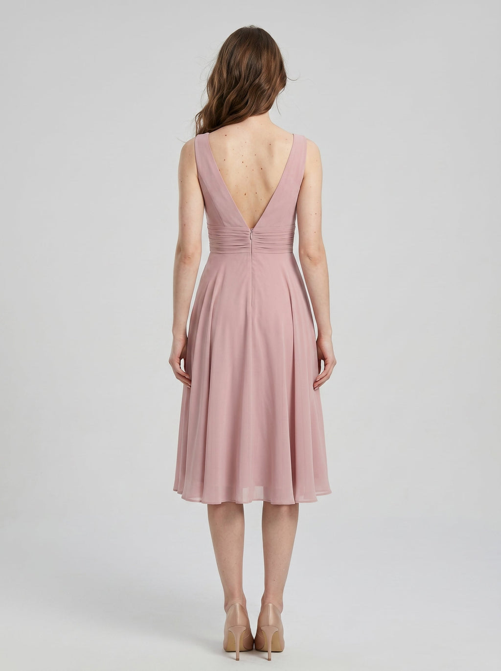 Coquette Dusty Rose Chiffon A-Line V-Neck V-Back with Knee-Length Bridesmaid Dress - Curvevia