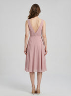 Coquette Dusty Rose Chiffon A-Line V-Neck V-Back with Knee-Length Bridesmaid Dress - Curvevia
