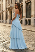 Blue - Sheath Sweetheart Chiffon Long Prom Dresses With Ruffles - Curvevia