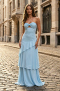 Blue - Sheath Sweetheart Chiffon Long Prom Dresses With Ruffles - Curvevia