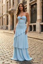 Blue - Sheath Sweetheart Chiffon Long Prom Dresses With Ruffles - Curvevia