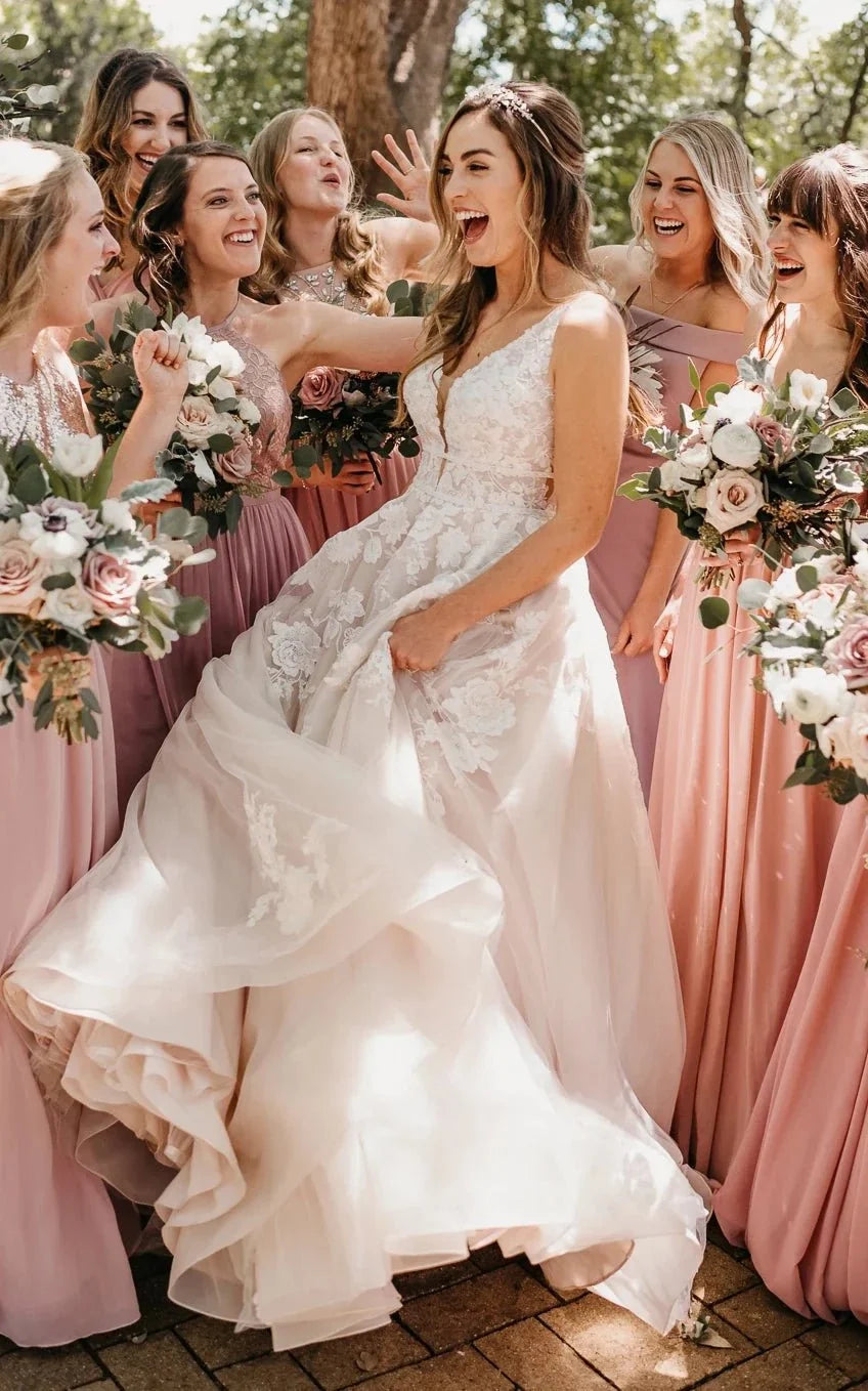Adorable A-Line Lace Wedding Dress With Appliques And Illusion Deep-V Back - Curvevia