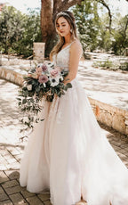 Adorable A-Line Lace Wedding Dress With Appliques And Illusion Deep-V Back - Curvevia