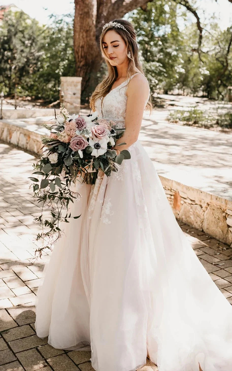 Adorable A-Line Lace Wedding Dress With Appliques And Illusion Deep-V Back - Curvevia