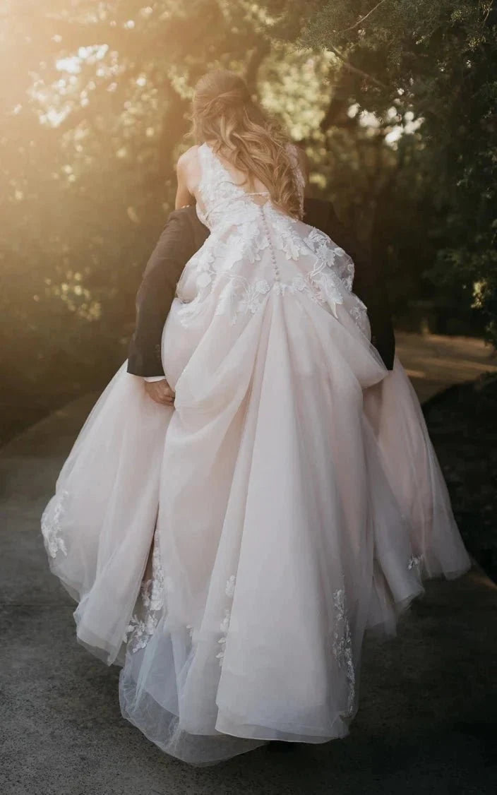 Adorable A-Line Lace Wedding Dress With Appliques And Illusion Deep-V Back - Curvevia