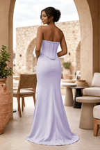 Sky Blue Strapless Sleeveless Mermaid Satin Long Evening Dress - Curvevia