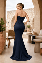 Sky Blue Strapless Sleeveless Mermaid Satin Long Evening Dress - Curvevia