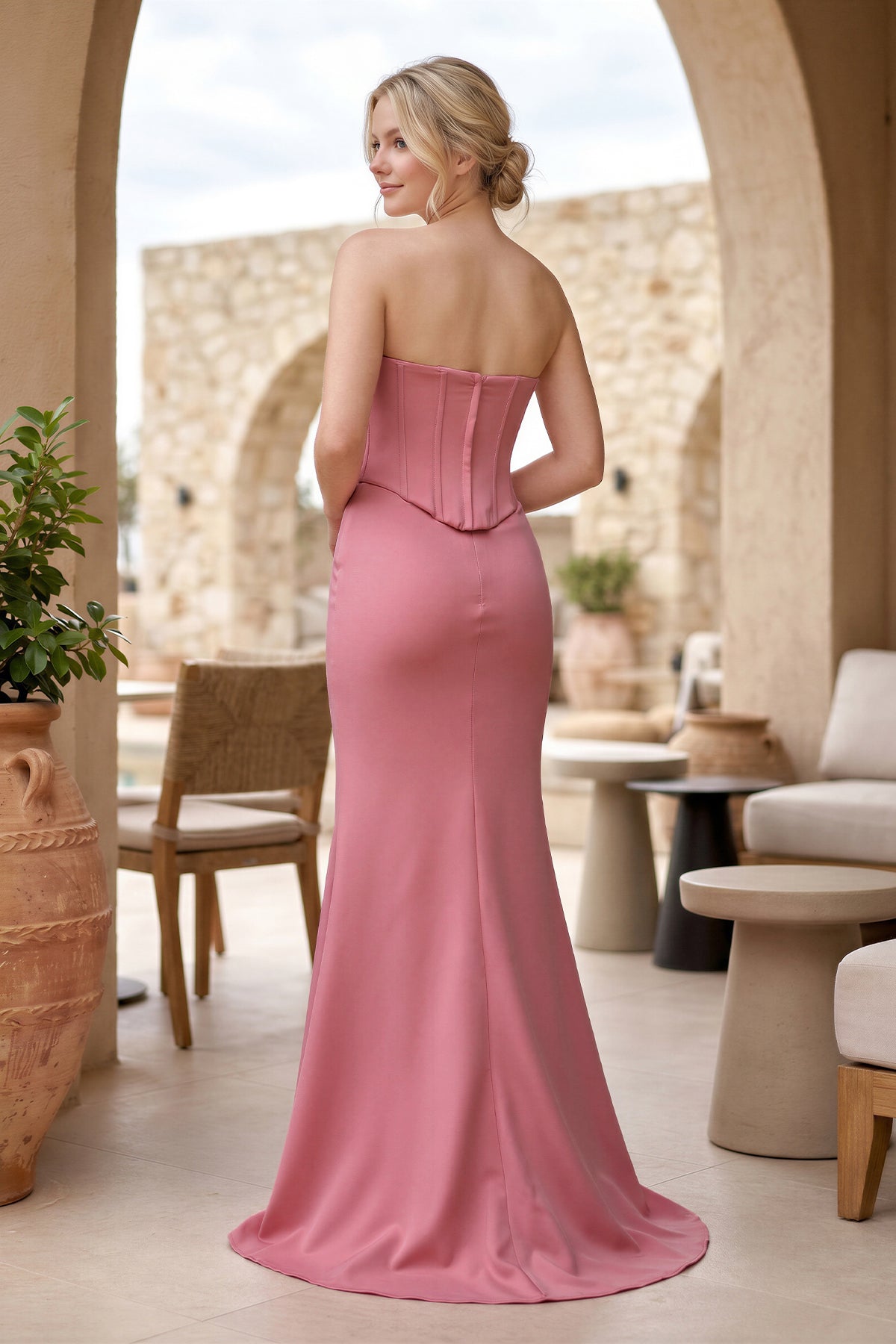 Sky Blue Strapless Sleeveless Mermaid Satin Long Evening Dress - Curvevia