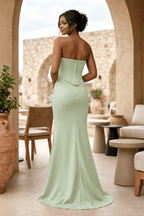 Sky Blue Strapless Sleeveless Mermaid Satin Long Evening Dress - Curvevia