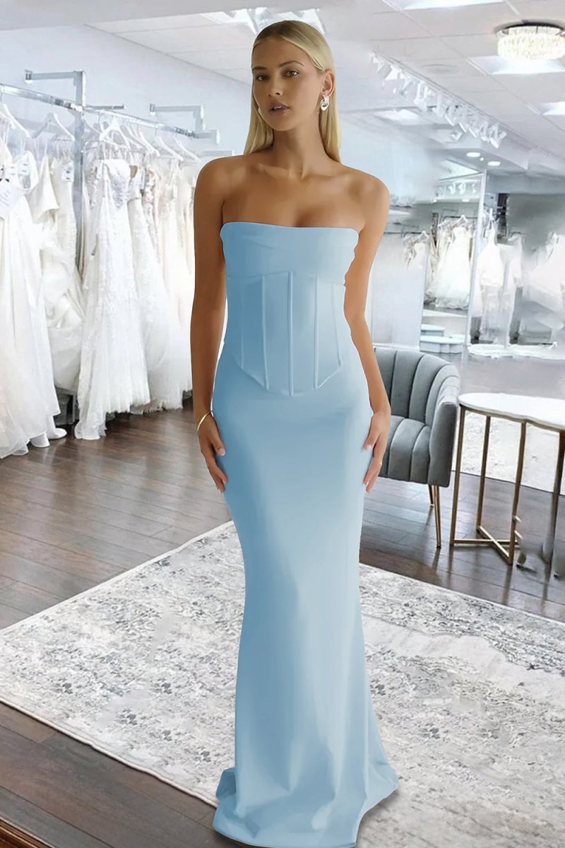 Sky Blue Strapless Sleeveless Mermaid Satin Long Evening Dress - Curvevia