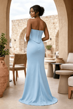Sky Blue Strapless Sleeveless Mermaid Satin Long Evening Dress - Curvevia