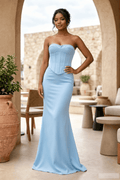 Sky Blue Strapless Sleeveless Mermaid Satin Long Evening Dress - Curvevia
