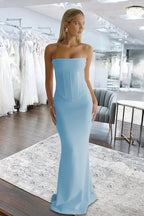 Sky Blue Strapless Sleeveless Mermaid Satin Long Evening Dress - Curvevia