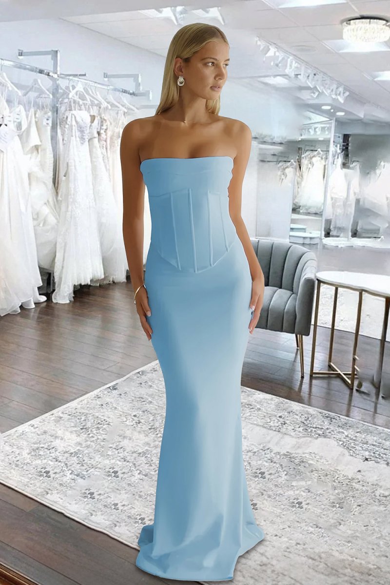 Sky Blue Strapless Sleeveless Mermaid Satin Long Evening Dress - Curvevia