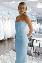 Sky Blue Strapless Sleeveless Mermaid Satin Long Evening Dress - Curvevia