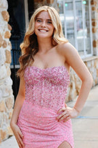 Pink Strapless Sequins Mermaid Long Evening Dress With Split - Curvevia