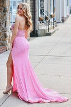 Pink Strapless Sequins Mermaid Long Evening Dress With Split - Curvevia