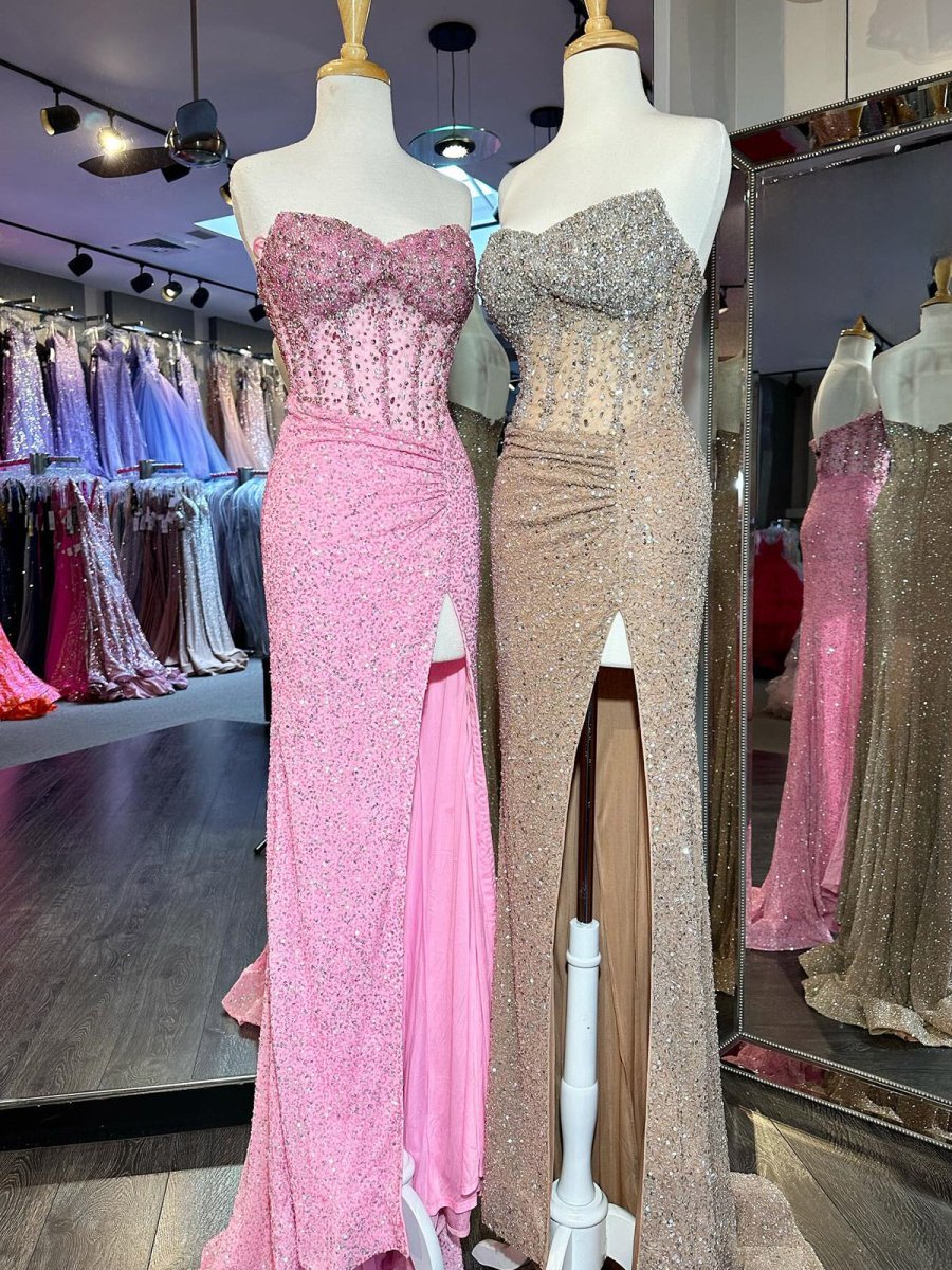 Pink Strapless Sequins Mermaid Long Evening Dress With Split - Curvevia