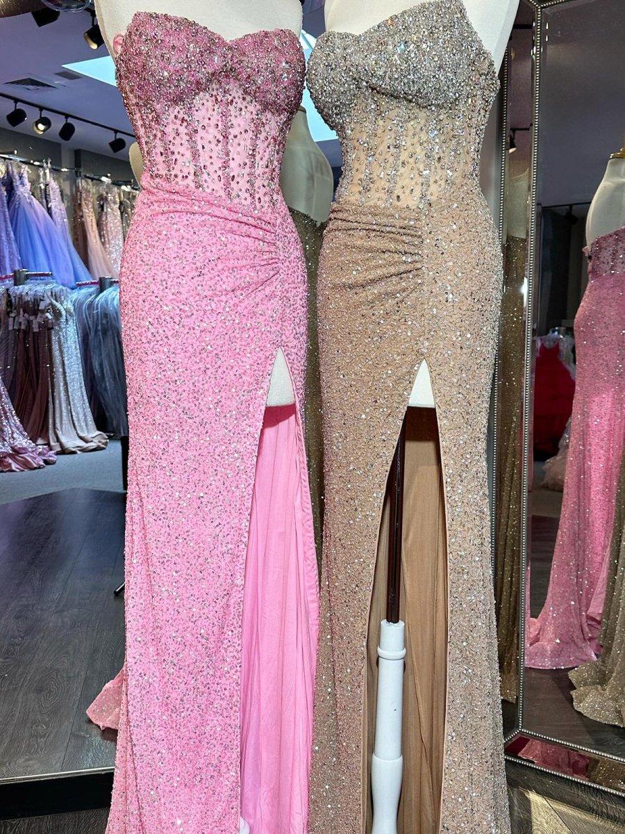 Pink Strapless Sequins Mermaid Long Evening Dress With Split - Curvevia