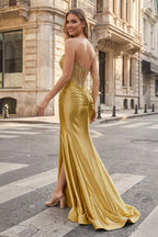 Sage Sweetheart Mermaid Satin Beaded Long Prom Dresses With Slit - Curvevia