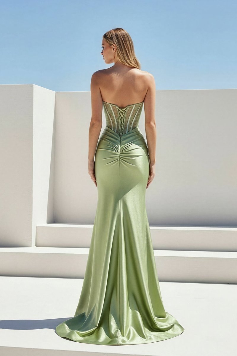 Sage Sweetheart Mermaid Satin Beaded Long Prom Dresses With Slit - Curvevia