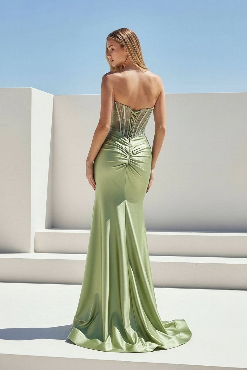Sage Sweetheart Mermaid Satin Beaded Long Prom Dresses With Slit - Curvevia