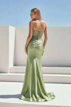 Sage Sweetheart Mermaid Satin Beaded Long Prom Dresses With Slit - Curvevia