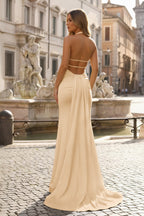 Mermaid Deep Halter Yellow Satin Long Prom Dresses with Slit - Curvevia