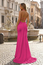 Mermaid Deep Halter Yellow Satin Long Prom Dresses with Slit - Curvevia