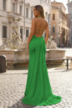 Mermaid Deep Halter Yellow Satin Long Prom Dresses with Slit - Curvevia