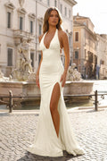Mermaid Deep Halter Yellow Satin Long Prom Dresses with Slit - Curvevia
