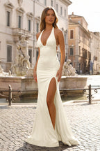 Mermaid Deep Halter Yellow Satin Long Prom Dresses with Slit - Curvevia