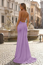 Mermaid Deep Halter Yellow Satin Long Prom Dresses with Slit - Curvevia