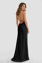 Mermaid Deep Halter Yellow Satin Long Prom Dresses with Slit - Curvevia