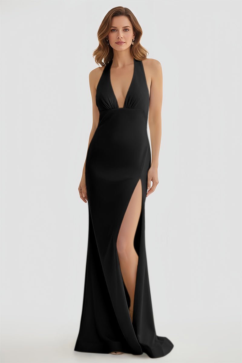 Mermaid Deep Halter Yellow Satin Long Prom Dresses with Slit - Curvevia