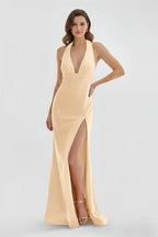 Mermaid Deep Halter Yellow Satin Long Prom Dresses with Slit - Curvevia