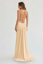 Mermaid Deep Halter Yellow Satin Long Prom Dresses with Slit - Curvevia