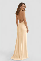 Mermaid Deep Halter Yellow Satin Long Prom Dresses with Slit - Curvevia