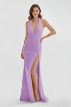 Mermaid Deep Halter Yellow Satin Long Prom Dresses with Slit - Curvevia