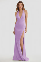 Mermaid Deep Halter Yellow Satin Long Prom Dresses with Slit - Curvevia