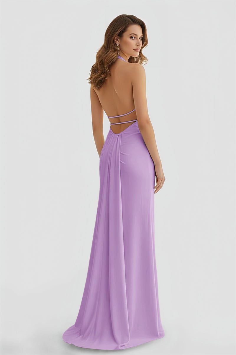 Mermaid Deep Halter Yellow Satin Long Prom Dresses with Slit - Curvevia