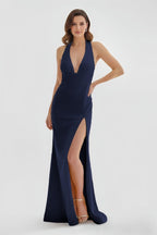 Mermaid Deep Halter Yellow Satin Long Prom Dresses with Slit - Curvevia